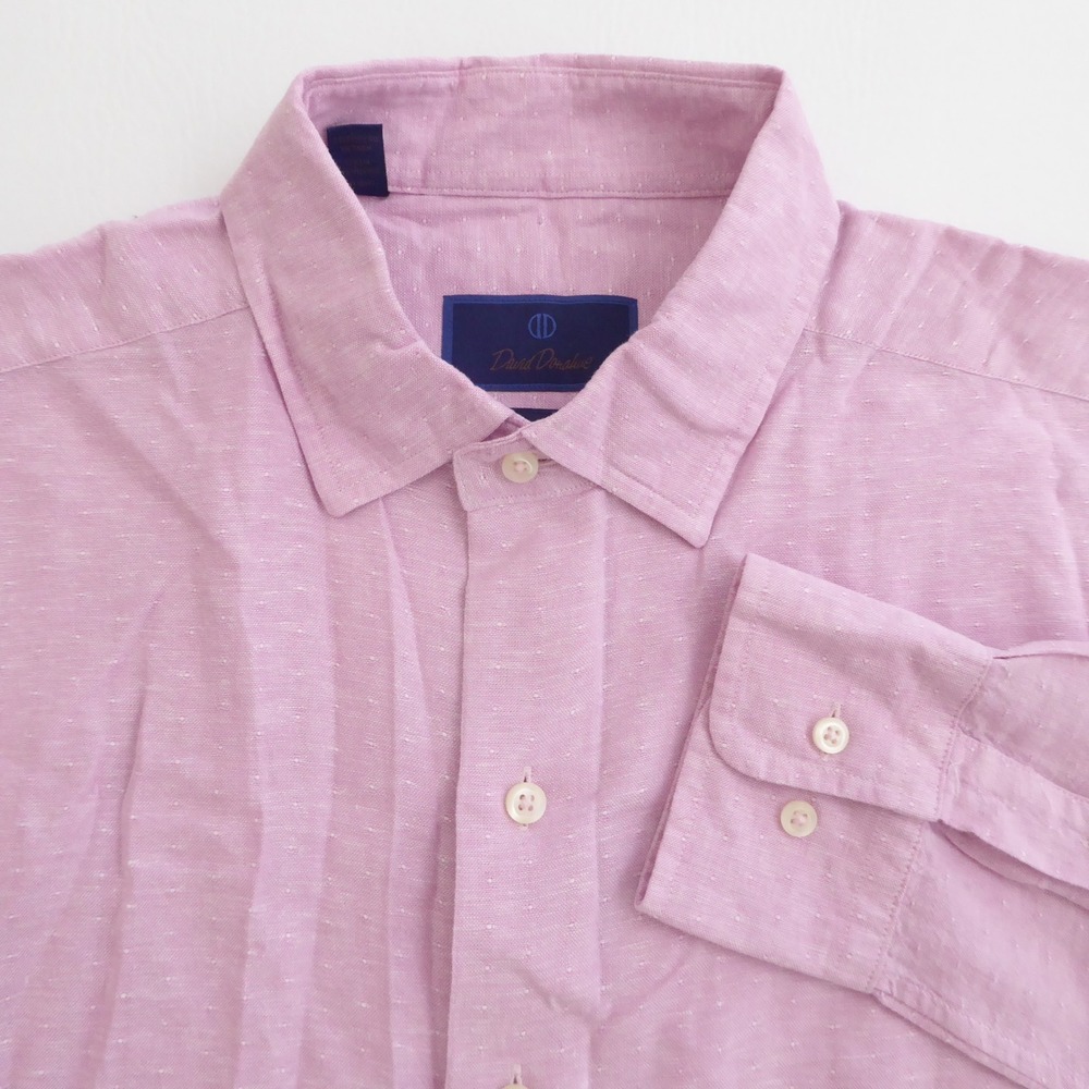 David Donahue Mens Fusion Button Up Shirt Pink Linen Viscose Size Large 16.5